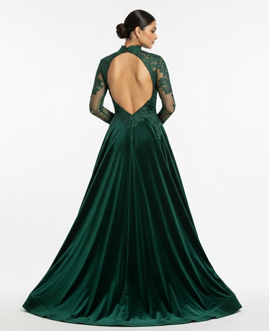 Bottle Green lace velvet gown backless