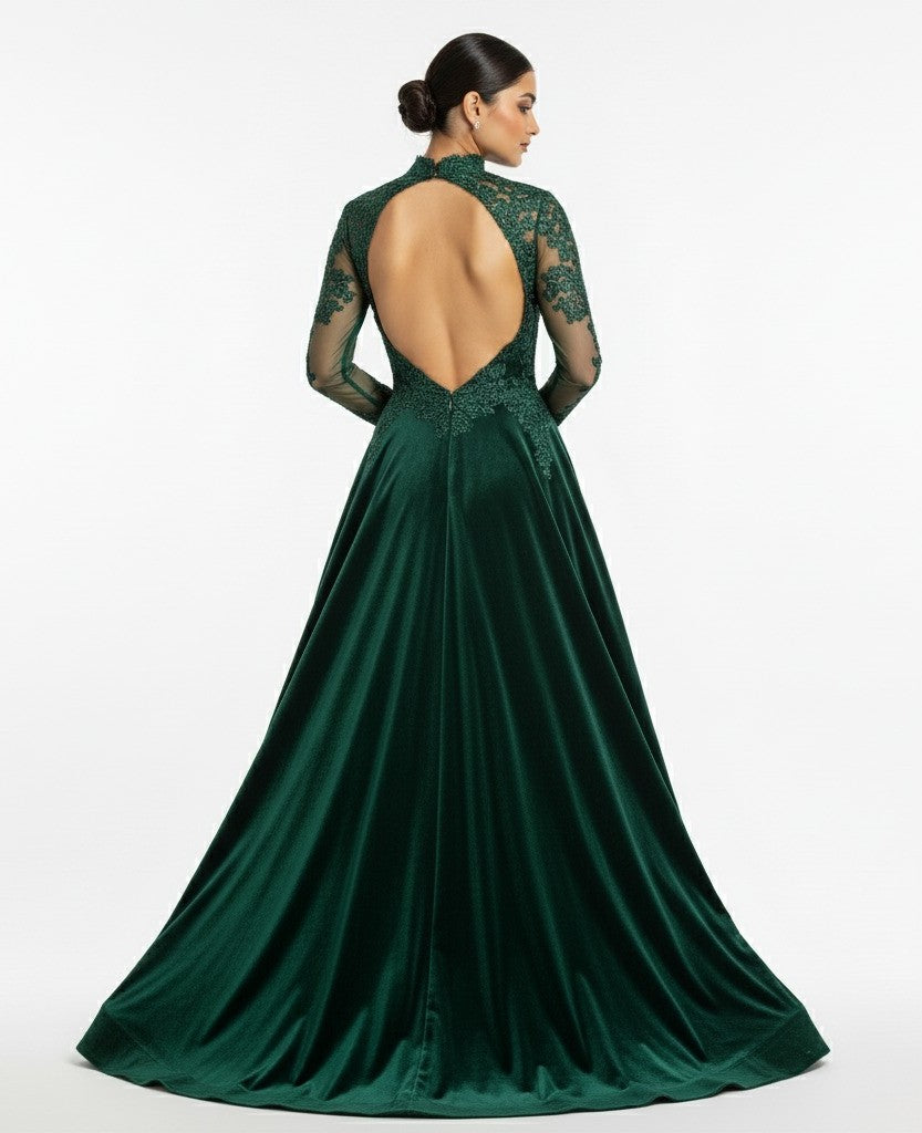 Bottle Green lace velvet gown backless