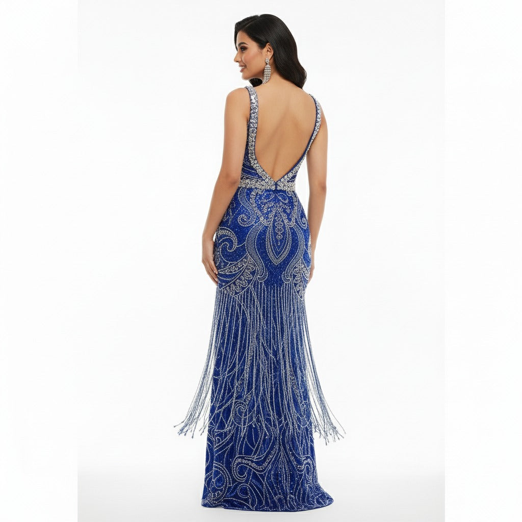 Royal blue silver tassel gown with high slit