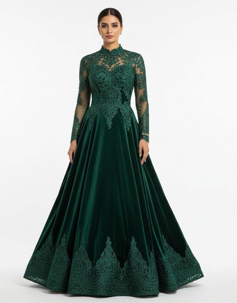 Bottle Green lace velvet gown backless