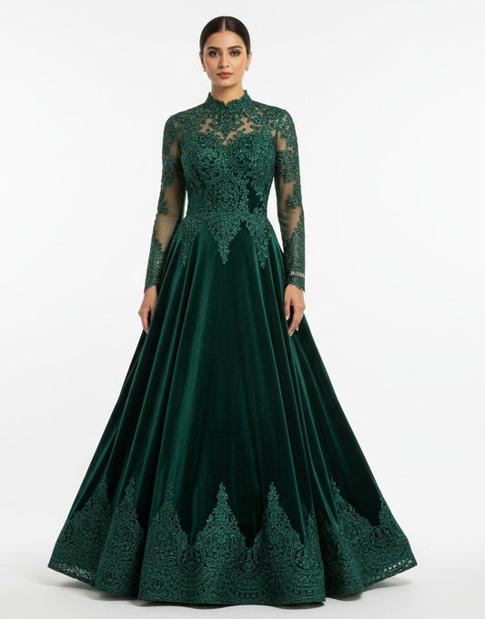 Bottle Green lace velvet gown backless