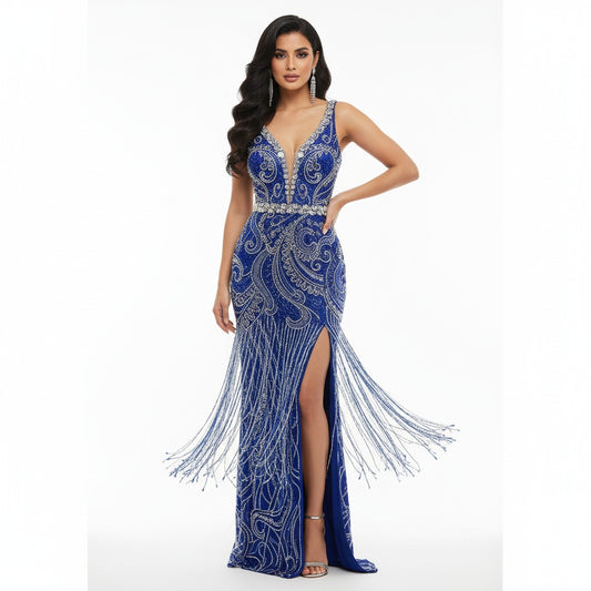 Royal blue silver tassel gown with high slit